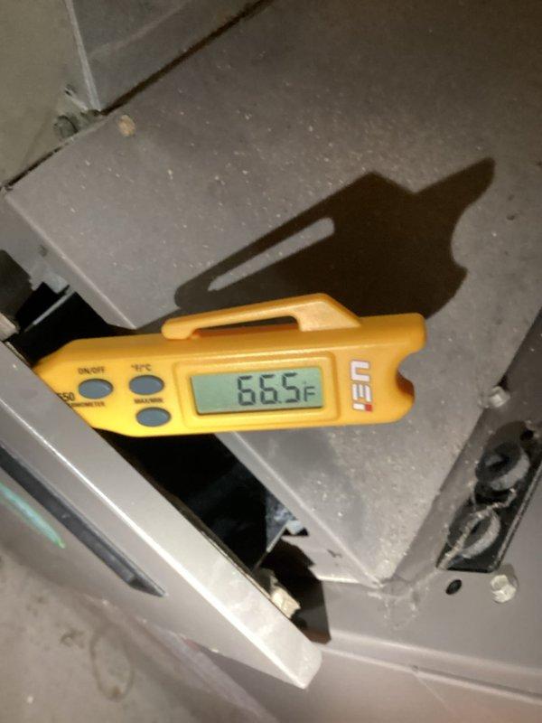 Responded to no-cool call where system was not running and had been blowing warm air the previous evening. Upon arrival, performed diagnostic evaluation and found failed dual-run capacitor (45+5µf PROTECH CSC) preventing compressor and condenser fan operation. Verified supply air temperature of 66.5°F at indoor unit, confirming lack of cooling. Replaced defective capacitor, restored power to unit, and verified proper compressor and outdoor fan motor operation with normal amp draws and system cycling.