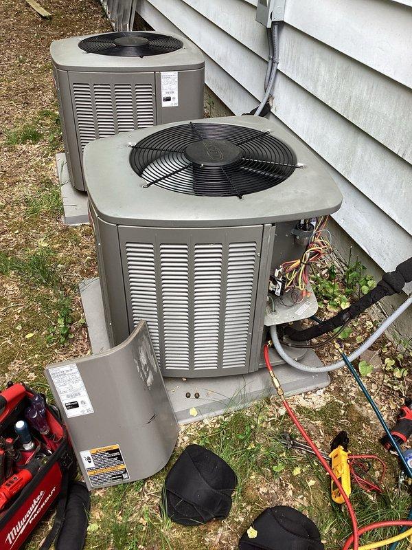 Completed air conditioning tune-ups on three outdoor condensing units at residential property. Performed system diagnostics, refrigerant pressure checks, and standard maintenance procedures on all AC equipment. Furnace tune-ups scheduled for return visit during fall season per customer request.