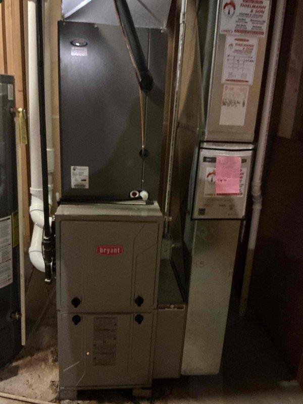 Completed scheduled cooling system maintenance visit on Bryant HVAC system. Performed comprehensive A/C tune-up including system diagnostics, electrical measurements showing 49.74 amp draw, refrigerant pressure testing across all lines, and visual inspection of furnace and air handler components. Customer requested to provide 16x25x4 air filter for system.