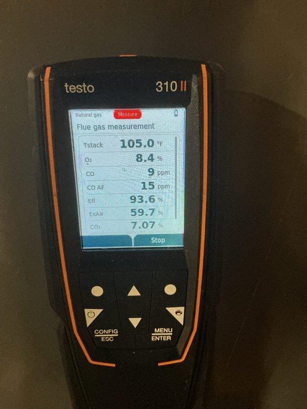 Completed comprehensive furnace and air conditioning tune-up maintenance service on residential HVAC system. Performed combustion analysis on natural gas furnace using calibrated flue gas analyzer, confirming optimal performance with efficiency reading of 93.6%, oxygen level at 8.4%, and carbon monoxide at 9 ppm in flue gas (15 ppm air-free). Inspected basement mechanical room installation including ductwork, gas piping, and venting systems to ensure proper operation and safety compliance.