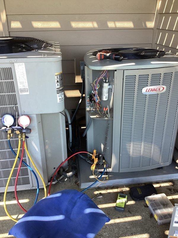Completed preventative maintenance tune-ups on two Lennox air conditioning systems, including one outdoor condensing unit and one basement furnace/air handler combination. Performed comprehensive system inspections, checked refrigerant pressures using manifold gauges, tested electrical components and capacitors, verified proper airflow, and installed two customer-provided air filters to ensure optimal system performance for the cooling season.