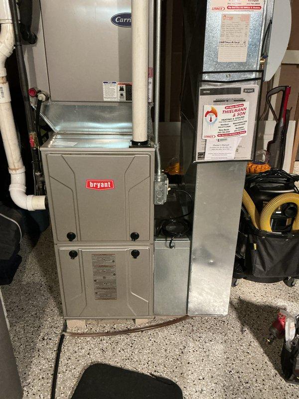 Completed comprehensive furnace and air conditioning tune-up on Bryant gas furnace and Carrier evaporator coil system. Performed standard maintenance procedures including filter inspection, burner assembly cleaning, blower motor lubrication, electrical connection testing, condensate drain line verification, and system operational testing to ensure proper heating and cooling functionality for the upcoming season.