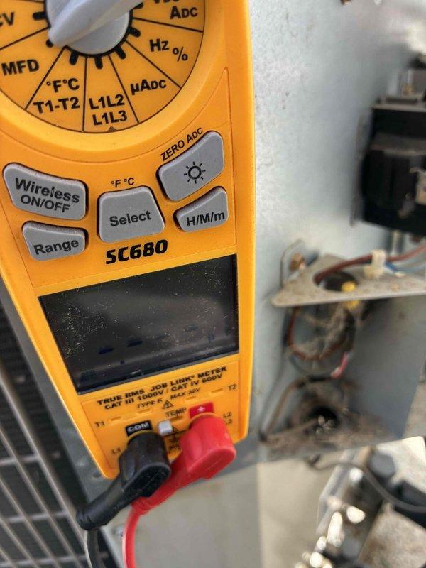 Responded to no cooling call with unit running continuously and indoor temperature at 76-78°F. Performed diagnostic testing using digital multimeter on HVAC system components and measured supply air temperature at 58°F at the register, indicating insufficient cooling capacity. Inspected electrical connections, capacitor, and compressor wiring during troubleshooting process to identify cause of inadequate system performance.
