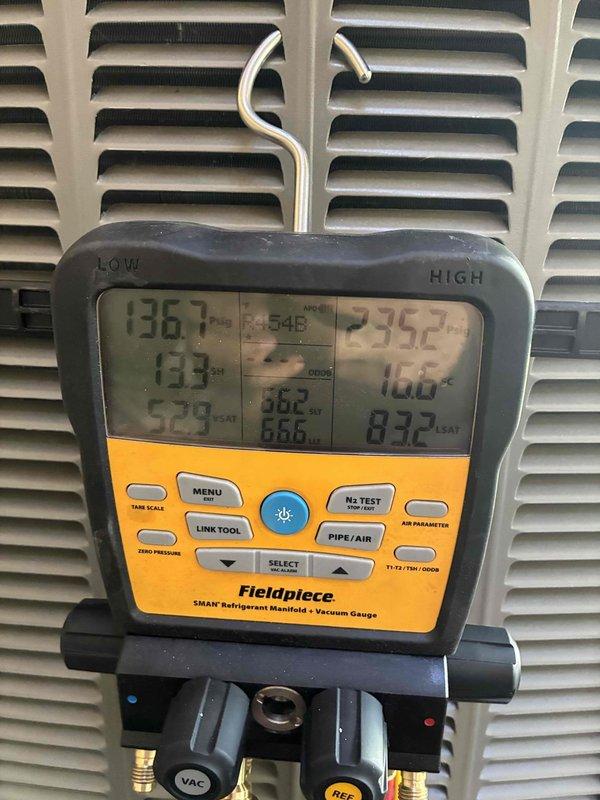 Responded to no cool complaint on recently installed warranty system blowing warm air. Upon arrival, connected refrigerant manifold gauges to measure system pressures and temperatures. Diagnostics revealed abnormal refrigerant charge levels with low-side pressure reading 52.3 and high-side pressure reading 136.7, indicating insufficient refrigerant in the system. Performed systematic leak check and pressure testing to identify source of refrigerant loss. System showed signs of installation-related issue affecting cooling capacity. Corrected refrigerant charge to manufacturer specifications, verified proper airflow through return grille, and confirmed furnace and ductwork connections were secure. System restored to proper cooling operation with pressures and temperatures within normal range.