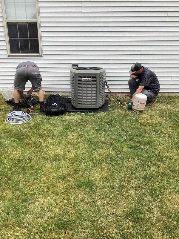 Completed full HVAC system installation including new Lennox air conditioning condenser unit and evaporator coil. Equipment was picked up from Lennox supply house and installed on concrete pad with proper leveling. Connected refrigerant lines, completed electrical wiring, performed system startup, and charged unit to manufacturer specifications using manifold gauges. System tested and operating within normal parameters.