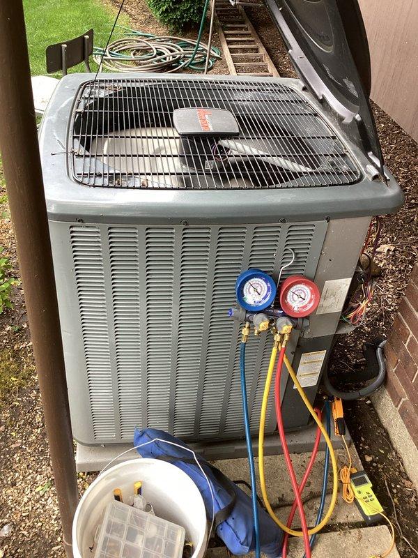 Responded to no cooling complaint on 10+ year old system for second opinion evaluation. Upon arrival, performed complete system diagnostics including refrigerant pressure testing with manifold gauge set at outdoor condensing unit. Inspected indoor air handler unit in attic space and evaluated overall system operation. System assessment completed to provide customer with accurate diagnosis and repair recommendations following previous service company's evaluation.