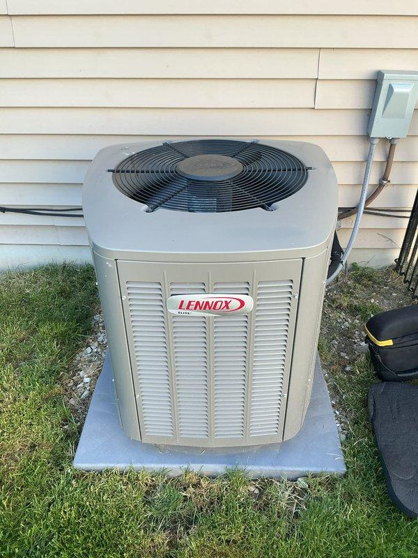 Completed routine cooling system maintenance visit on Lennox air conditioning system and furnace. Performed comprehensive inspection of outdoor condenser unit, verifying proper operation of compressor, condenser fan, and refrigerant levels. Checked electrical connections at disconnect box and confirmed secure mounting on concrete pad. Inspected indoor furnace unit and associated ductwork in mechanical room, ensuring all components were functioning correctly and venting systems were properly installed and secure.