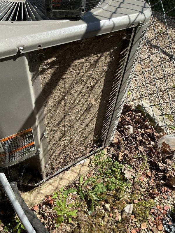 Completed membership activation tune-up for new customer on residential heat pump system. Unit exterior and coil fins were found heavily soiled with dirt, debris, and organic matter accumulation, which was affecting airflow and system efficiency. Performed standard maintenance procedures including equipment inspection, documentation of serial numbers and specifications, and captured condition photos for service records.