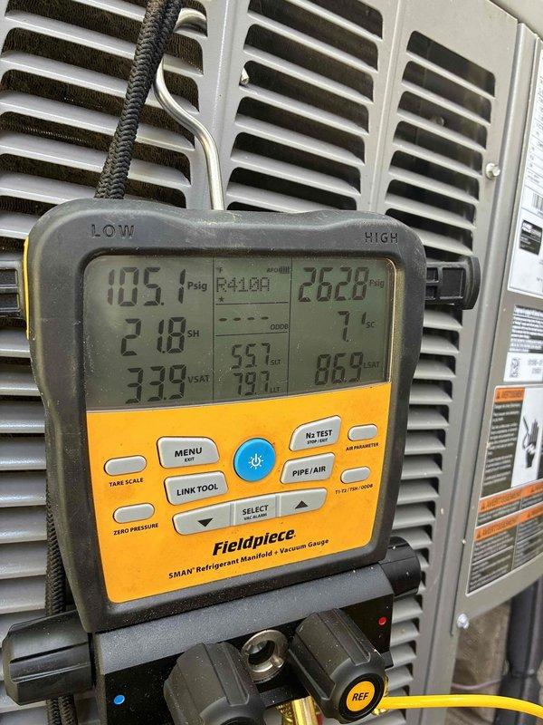 Completed preventive maintenance tune-up on residential HVAC system. Verified system pressures and temperatures using refrigerant manifold gauge, with readings showing 0.5 psig on low side and 286.8 psig on high side, superheat at 3.39°F, and return air temperature at 79.1°F. Confirmed thermostat operation and programming, with unit maintaining proper temperature control and cycling correctly between set points.