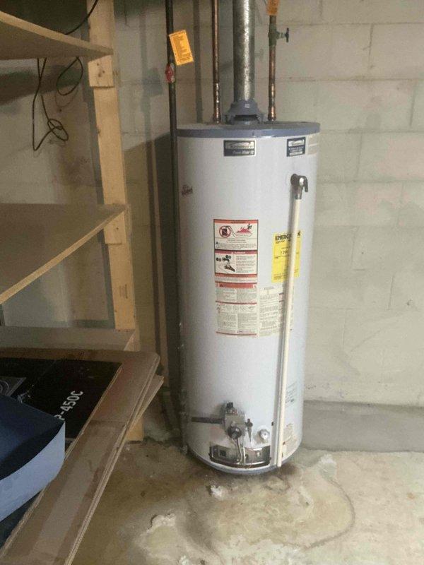 Provided estimate for replacement of leaking 50-gallon gravity vent water heater in basement utility area. Assessed existing unit with visible water staining at base, inspected electrical panel and venting configuration, documented current installation with photos, and prepared replacement recommendations for gas-fired water heater system.