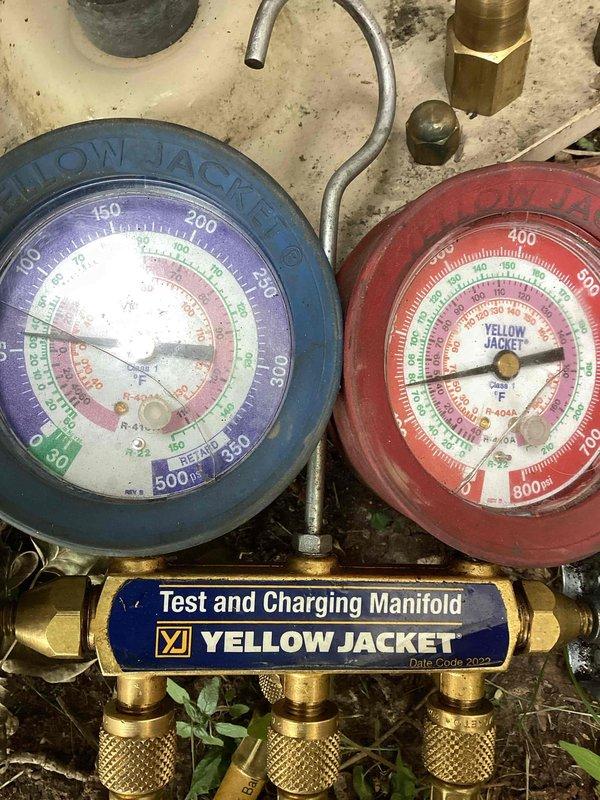 Responded to no cooling complaint on R22 system. Upon inspection, diagnosed failed run capacitor preventing compressor operation. Replaced defective capacitor with proper replacement unit, verified system pressures using manifold gauge set, and confirmed unit returned to normal cooling operation.