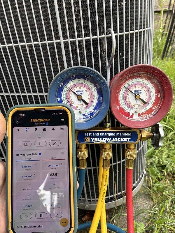 Completed scheduled biannual preventive maintenance inspection on residential HVAC system. Performed comprehensive system diagnostics including refrigerant pressure testing using manifold gauges and digital monitoring equipment to verify proper operating pressures and temperatures. Inspected indoor air handler components, including condensate drain lines, refrigerant line insulation, and electrical connections. All components found operating within manufacturer specifications with no deficiencies noted.