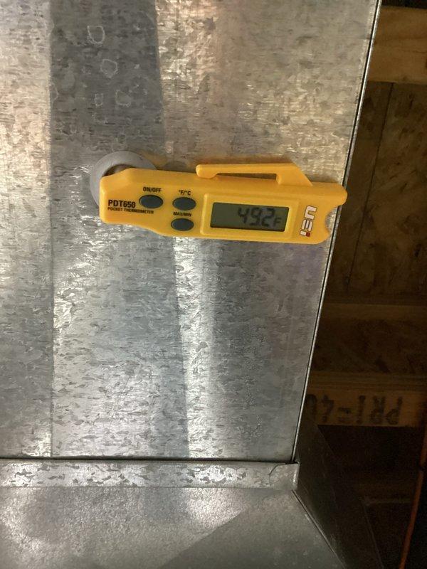 Completed scheduled biannual preventive maintenance inspection on HVAC system. Performed temperature diagnostics using infrared thermometer, measuring supply air temperature at ceiling register reading 70.7°F and conducted ductwork assessment. System operating within normal parameters with no deficiencies noted during this routine maintenance visit.