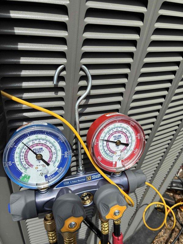Completed scheduled cooling system tune-up and preventative maintenance under membership agreement. Performed comprehensive system diagnostics using manifold gauges to measure refrigerant pressures and verify proper system operation. Replaced two air filters and conducted standard seasonal maintenance procedures to ensure optimal A/C performance for the cooling season.