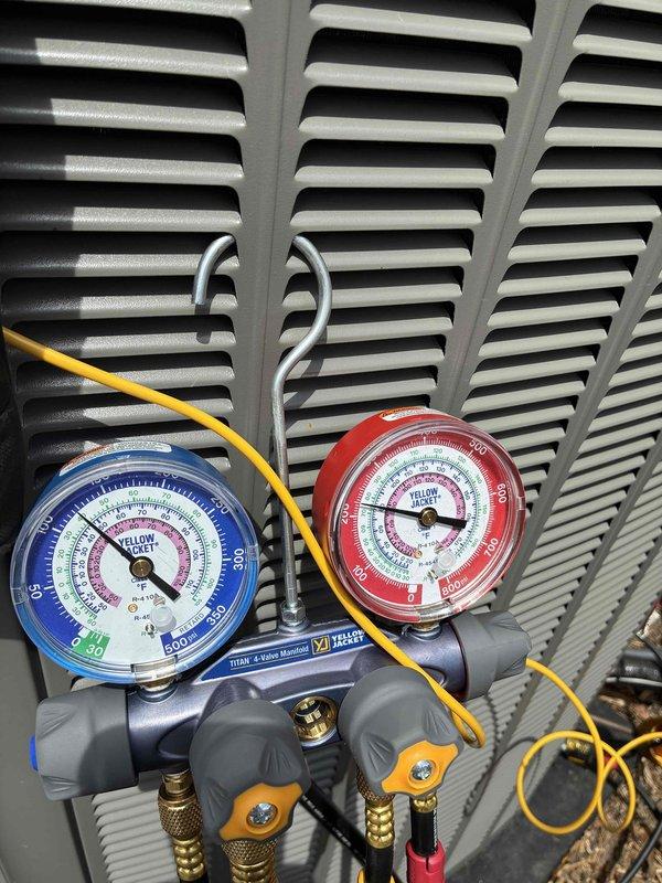 Completed scheduled cooling system tune-up and preventative maintenance under membership agreement. Performed comprehensive system diagnostics using manifold gauges to measure refrigerant pressures and verify proper system operation. Replaced two air filters and conducted standard seasonal maintenance procedures to ensure optimal A/C performance for the cooling season.