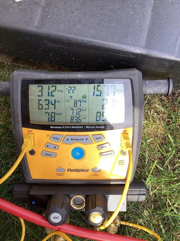 Responded to no cooling call on system that had previously frozen. Upon arrival, unit was off per customer request. Performed diagnostic evaluation using wireless manifold gauge to check refrigerant pressures and system temperatures. Readings indicated superheat of 6.34°F on suction side and subcooling of 87°F, with pressures of 312 PSIG and 1511 PSIG respectively. System temperatures showed 22°F evaporator temperature with liquid line temperature of 83.6°F and suction line temperature of 71.3°F. Inspected ductwork and copper refrigerant lines in mechanical space for restrictions or damage. Based on gauge readings and previous freezing condition, system shows signs of potential refrigerant flow issues or metering device malfunction requiring further evaluation when unit can be operated under normal conditions.