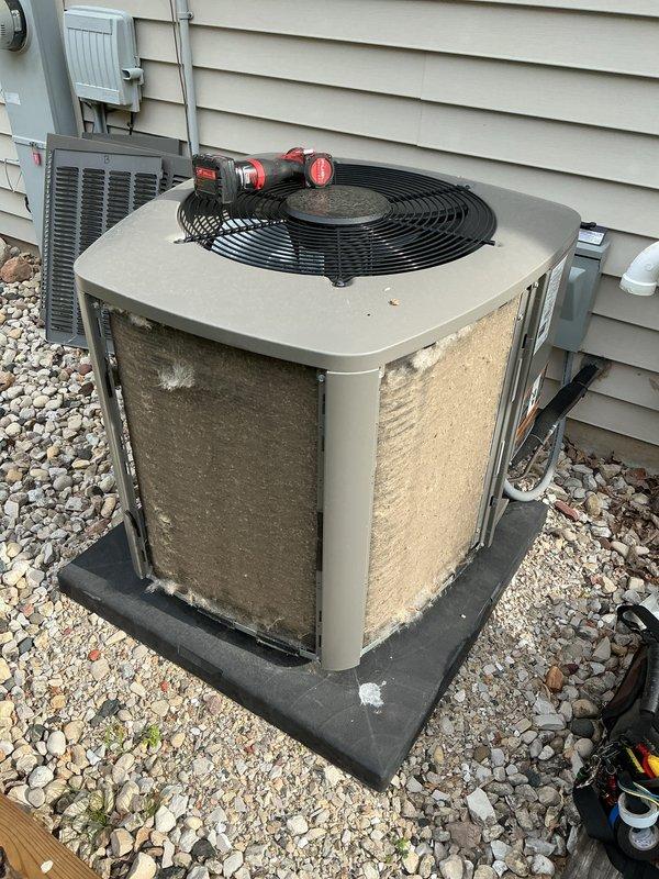 Completed annual tune-up on Lennox outdoor condensing unit. Unit exterior and coil surfaces showed heavy dirt and debris accumulation, which were cleaned during service. Verified operation of all components, checked refrigerant levels, and inspected electrical connections and service valves.