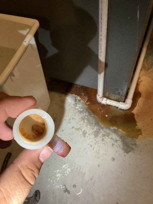 Responded to call for water accumulation beneath furnace during AC operation. Upon inspection, discovered clogged condensate drain line causing water to overflow and pool on floor. Cleared blockage from drain line, verified proper drainage flow, and cleaned drain pan. Inspected drain trap and confirmed proper operation of condensate removal system.