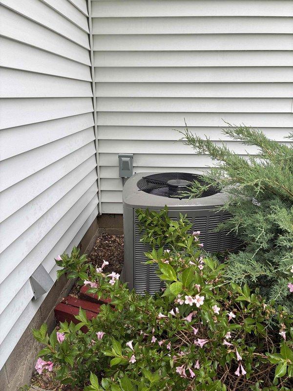 Completed annual tune-up on outdoor condensing unit. Unit was found with heavy dirt and debris accumulation on condenser coil and surrounding components, along with leaves lodged in fin areas. Performed thorough cleaning of condenser coils, removed all organic debris from unit interior and base, and cleared obstructions from airflow pathways to restore proper heat exchange efficiency and system performance.