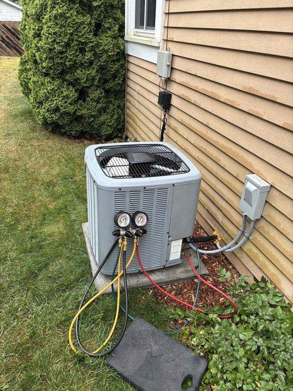 Responded to service call for HVAC system reported as non-operational despite thermostat indicating normal operation. Upon arrival, performed comprehensive system diagnostics using manifold gauge set to assess refrigerant pressures and overall system performance. Connected diagnostic equipment to service valves at outdoor condensing unit to measure operating pressures and verify refrigerant charge levels. Inspected all exterior components including condensing unit, refrigerant lines, electrical connections, and associated piping. Evaluated system functionality and determined actual operating status of equipment. All diagnostic testing completed and system assessed for proper operation.