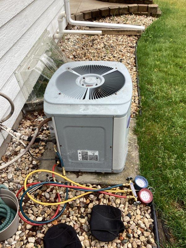 Completed comprehensive tune-up maintenance on residential HVAC system including both indoor air handler unit and outdoor condensing unit. Performed refrigerant pressure diagnostics using manifold gauges, inspected all electrical connections and components, verified proper drainage and condensate management on indoor unit, and ensured optimal system operation throughout both heating and cooling components.