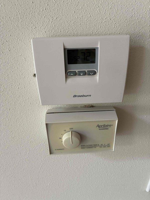 Responded to no cooling call on system over 10 years old. Upon arrival, performed diagnostic evaluation of air conditioning equipment and controls, including inspection of Braeburn digital thermostat and Aprilaire humidistat. Documented equipment conditions and thermostat settings for customer review and repair recommendations.