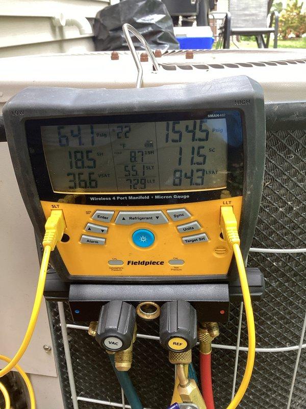 Responded to no cooling complaint with ice buildup on AC unit. Upon arrival, found system had been turned off by customer. Connected diagnostic gauges and found low refrigerant charge indicated by subnormal pressures and temperatures. System showed signs of refrigerant leak causing reduced cooling capacity and subsequent coil icing. Added measured amount of refrigerant using calibrated scale to restore proper charge levels. Monitored system pressures and superheat readings to verify proper operation. Unit returned to normal cooling operation with appropriate temperature splits and no further ice formation observed.
