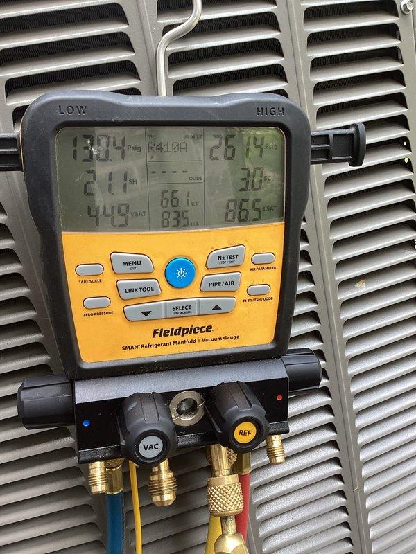 Responded to no cooling complaint on Lennox system. Upon arrival, performed diagnostic testing of refrigerant charge using manifold gauges on R410A system. Measured operating pressures and temperatures, finding subcooling at 30°F and superheat at 61°F, indicating improper refrigerant charge. Inspected control board for proper operation and verified all electrical connections and relays functioning correctly. System restored to proper cooling operation after addressing refrigerant charge issue.
