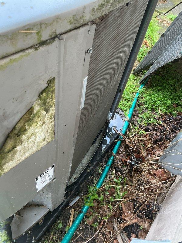 Completed routine membership cooling tune-up service on outdoor condensing unit. Upon arrival, found condenser coils heavily soiled with accumulated debris, dirt, and organic matter; cleaned and cleared exterior coils and surrounding area of leaves, vegetation, and buildup affecting airflow and system efficiency. Unit operational and tested satisfactory upon service completion.