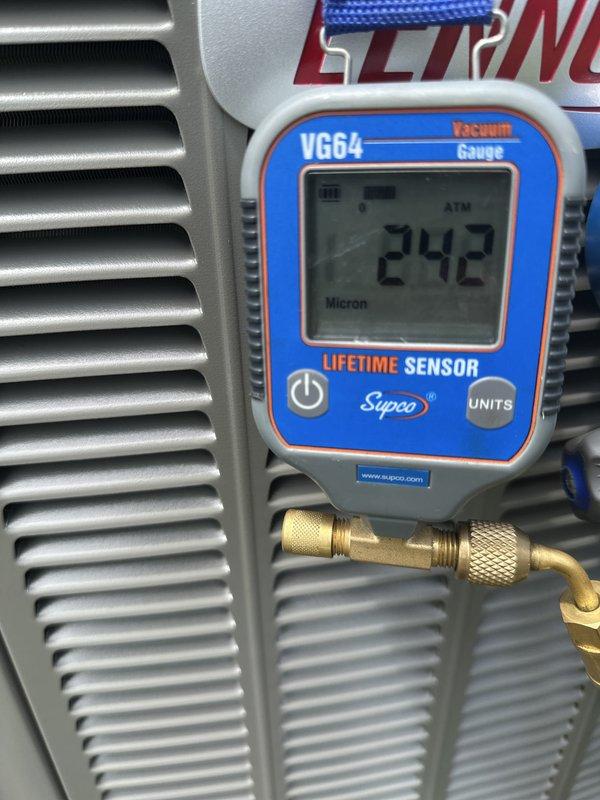 Completed full HVAC system installation including new furnace, air conditioning unit, F100 media cabinet, AprilAire 720 humidifier, and Ecobee 7 thermostat. Adapted all components to existing PVC venting infrastructure, performed vacuum test to verify system integrity with readings reaching -242 microns, and obtained necessary permits prior to installation. All equipment commissioned and operational per manufacturer specifications.