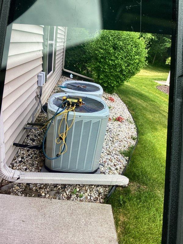 Completed comprehensive tune-up service on residential split HVAC system including outdoor condenser unit and indoor furnace. Performed standard maintenance procedures, connected gauges to verify refrigerant pressures and system performance, and inspected all accessible components for proper operation. All equipment found to be functioning within normal parameters with no immediate repairs required.