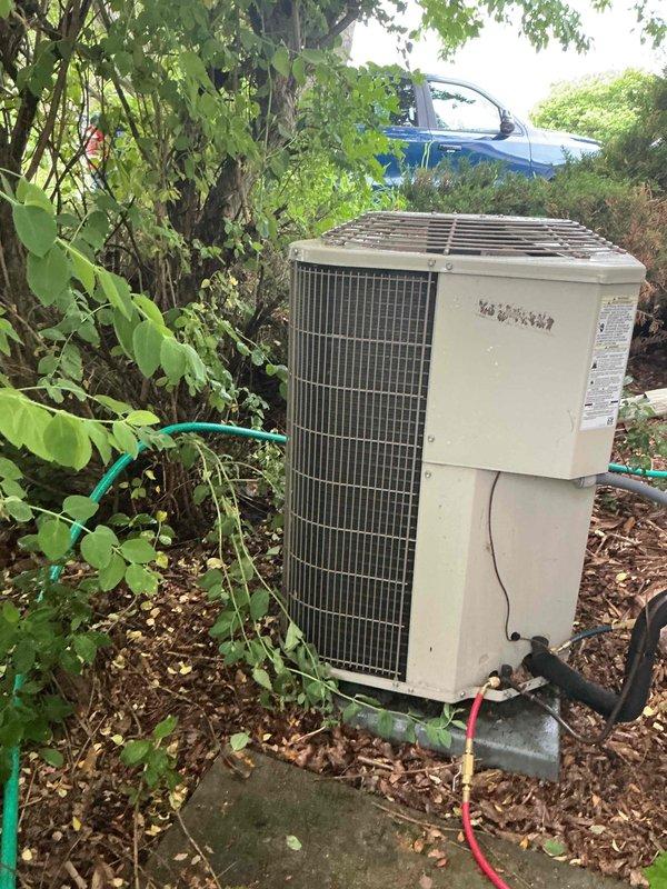 # HVAC Service Report - No Cooling Issue

Responded to service call for intermittent cooling issue on 9-year-old Payne air conditioning system that had experienced loss of cooling over the weekend but had resumed operation. Upon arrival, performed visual inspection of outdoor condensing unit and documented equipment information as requested.

Inspection revealed significant accumulation of dirt, dust, and debris on condenser coil fins, which was restricting airflow through the unit. The protective grille showed evidence of environmental debris infiltration, with leaves and organic matter caught in the wire cage. Vegetation growth around the unit perimeter was noted, with plants and vines encroaching on the equipment, potentially contributing to reduced airflow and debris accumulation.

Photographed unit for documentation purposes, capturing overall installation condition, refrigerant line connections, and condenser coil condition. Unit is installed on concrete pad in backyard location 