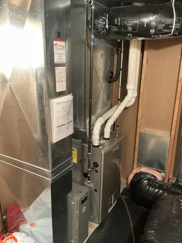 Responded to urgent service call for non-operational air conditioning system and conducted comprehensive assessment of existing HVAC equipment. Evaluated current furnace installation, ductwork configuration, PVC venting system, and condensate drainage lines in basement utility area. Documented equipment specifications, system layout, and installation conditions through detailed photographic documentation. Provided complete replacement estimate for new HVAC system to address failed unit and restore climate control functionality.