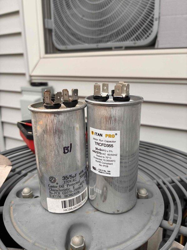 Responded to no cooling call on aging HVAC system. Upon inspection, found failed dual-run capacitor with visible deterioration and corrosion on terminals and housing. Replaced defective capacitor with new TITAN PRO TRCFD355 rated at 35/5µF 440/370V AC. Verified proper electrical connections, tested system operation, and confirmed unit returned to normal cooling function.