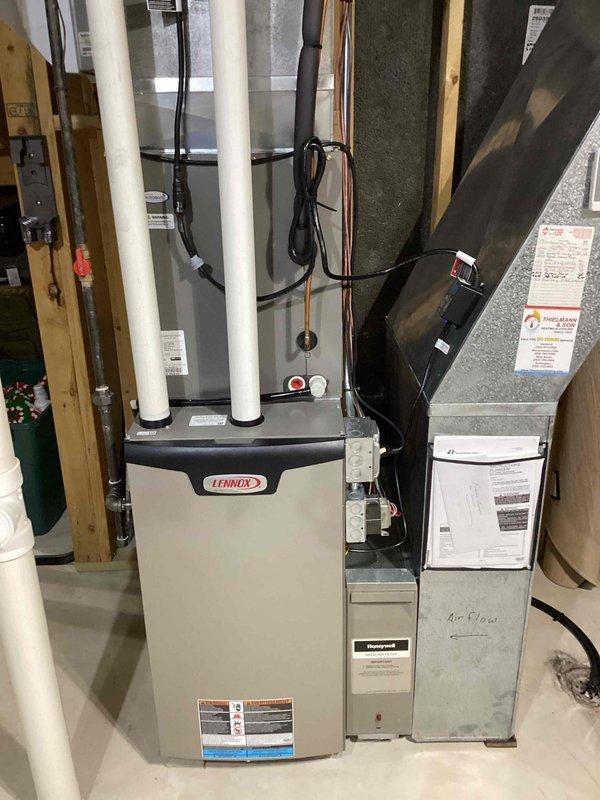 Completed annual cooling system maintenance visit as part of membership agreement. Performed comprehensive tune-up on Lennox furnace and air conditioning system, including inspection of indoor air handler unit and outdoor condenser unit. Verified proper operation of all HVAC components, checked electrical connections, assessed airflow, and replaced 16x25x5 media filter. System operating within normal parameters with no issues identified.