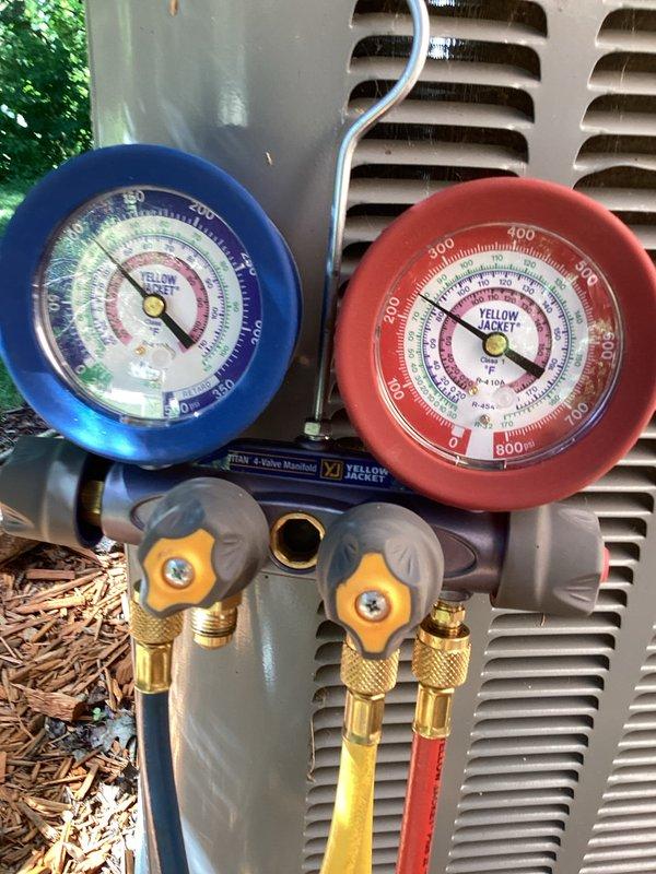 Completed prepaid membership cooling system maintenance visit on residential air conditioning unit. Performed comprehensive system inspection and diagnostics using manifold gauge set to verify refrigerant pressures and system performance. Accessed condenser unit internal components to inspect electrical connections, wiring, and copper refrigerant lines. Delivered and installed Honeywell F100 20x25x5 media air filter as part of scheduled maintenance service. All system parameters verified within normal operating range and unit operating properly upon completion of service.