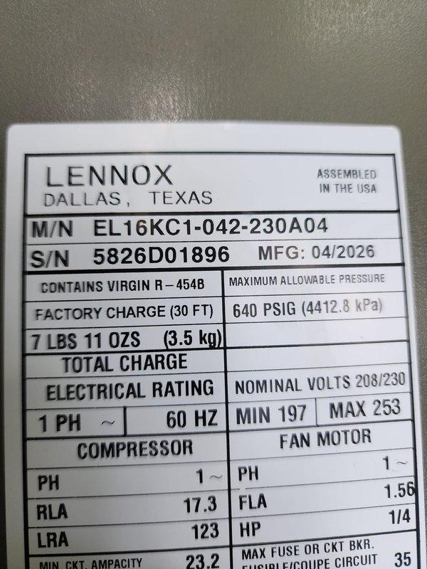 Installed new Lennox EL16KC1-042-230A04 air conditioning unit with R-454B refrigerant system, factory charged with 7 lbs 11 oz for 30-foot line set. Verified all electrical specifications including 208/230V single-phase operation, minimum circuit ampacity of 23.2A, and maximum overcurrent protection of 35A. Documented technical charging specifications and normal operating pressures for TXV system, confirming proper subcooling values, approach temperatures, and evaporator coil delta-T parameters per manufacturer guidelines.