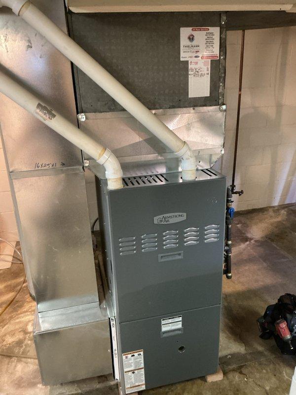 Completed comprehensive air conditioning tune-up service on residential split system with Armstrong furnace and outdoor condensing unit. Performed standard maintenance procedures including inspection of indoor and outdoor components, verified proper system operation, and documented equipment specifications with filter size notation (16x25x1) for future reference.