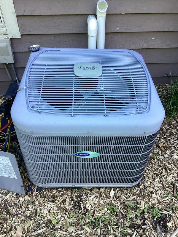 Responded to no cooling call on Carrier air conditioning system experiencing high pressure lockout fault. Upon arrival, confirmed unit was shut down on safety with error code indicating excessive discharge pressure. Performed visual inspection of outdoor condensing unit, checking all electrical connections, refrigerant lines, and compressor assembly. Examined wiring harness and control components for proper operation. Verified condenser fan motor functionality and inspected condenser coil for airflow restrictions. All electrical connections were secure with proper wire routing. Unit condensate drainage system with PVC piping was clear and functioning correctly. Cleared high pressure fault and restored system to normal operation. Unit tested successfully with proper cooling cycle confirmed.