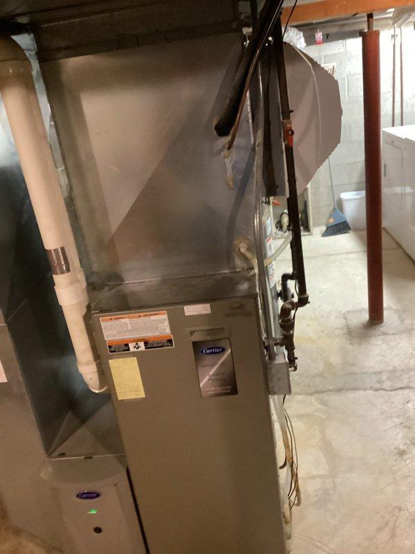 Completed preventative maintenance tune-up on Carrier furnace system in residential basement. Inspected all major components including heat exchanger, blower assembly, and condensate drainage system; noted moisture staining and discoloration on metal ductwork panels indicating previous condensation issues, though system is currently operational. All connections, gas lines, electrical components, and safety controls verified functioning within normal parameters.