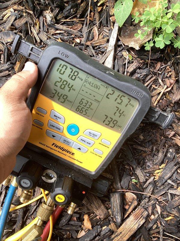 Performed comprehensive tune-up on HVAC system, including refrigerant pressure and temperature diagnostics using calibrated field instruments. System measurements indicated normal operating parameters with supply air temperature at 53.6°F and refrigerant pressures within manufacturer specifications. All service gauges, hoses, and testing equipment functioned properly during inspection, confirming unit is operating efficiently.