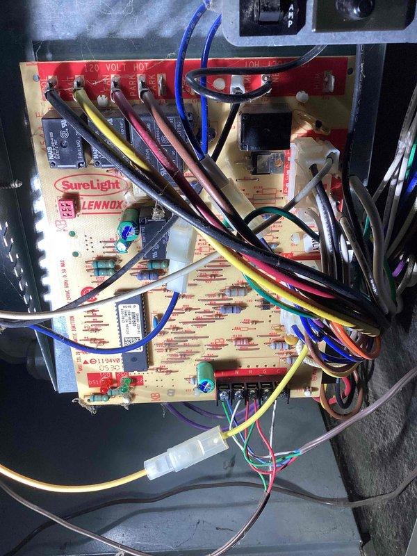 Performed comprehensive inspection of 21-year-old Lennox gas furnace and air conditioning system per customer request. Diagnosed furnace blower motor issue where fan continuously runs and fails to cycle properly in auto mode, with improper heat regulation. Inspected SureLight control board, wiring connections, and 120-volt power distribution at terminal block; evaluated all electronic components, relays, and control circuitry for proper operation. Conducted full system assessment of AC unit with no deficiencies noted. Provided customer with findings and repair recommendations for furnace blower control malfunction.