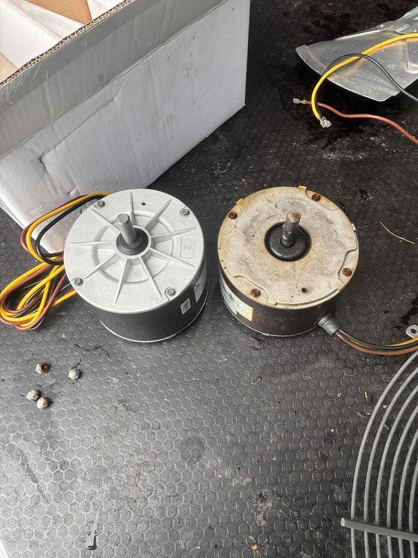 Replaced failed HVAC blower motor showing severe corrosion and deterioration with new OEM motor assembly. Transferred wiring connections from old motor to new unit, secured mounting hardware, and verified proper operation of system.