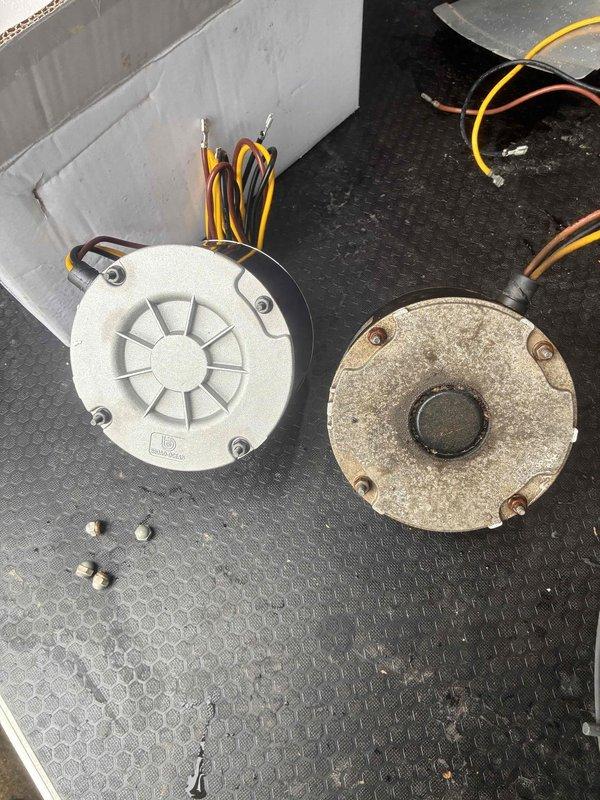 Replaced failed HVAC blower motor showing severe corrosion and deterioration with new OEM motor assembly. Transferred wiring connections from old motor to new unit, secured mounting hardware, and verified proper operation of system.