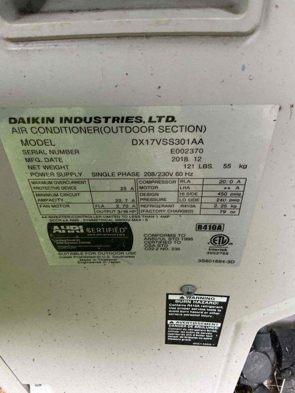 Completed preventive maintenance cooling tune-up on Daikin DX17VSS301AA outdoor condensing unit (model year 2018) as part of recurring membership agreement. Performed standard inspection procedures, verified system specifications and operational parameters, and documented equipment condition with unit showing normal wear consistent with outdoor installation.