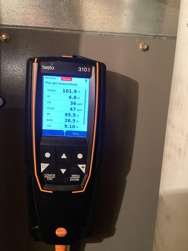 Completed comprehensive furnace and air conditioning tune-up service during early morning arrival window. Performed combustion analysis on heating system using calibrated flue gas analyzer, confirming optimal performance with efficiency reading of 95.5%, oxygen level at 4.8%, carbon monoxide at 36 ppm, and CO₂ at 9.10%. Inspected both heating and cooling equipment, verifying proper operation of all system components including refrigerant lines and ductwork connections.