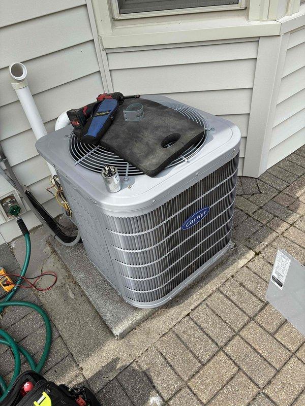 Responded to no-cooling call where unit made a clunking noise and ceased operation. Upon arrival, performed diagnostic testing on Carrier outdoor condensing unit and identified failed component requiring replacement. Completed repairs, verified proper system operation, and restored cooling functionality.