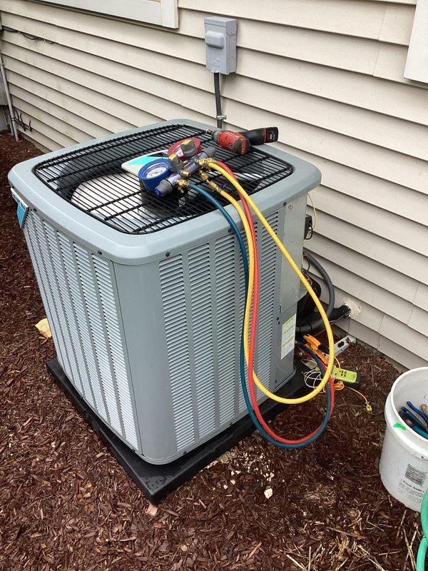 Completed comprehensive seasonal tune-up on residential split system including furnace air handler and outdoor condensing unit. Performed full system diagnostics, checked refrigerant pressures and temperatures, inspected electrical connections, replaced Aprilaire 600 humidifier filter and 16x25x4 furnace filter, verified proper airflow and combustion parameters, and confirmed all equipment operating within manufacturer specifications.