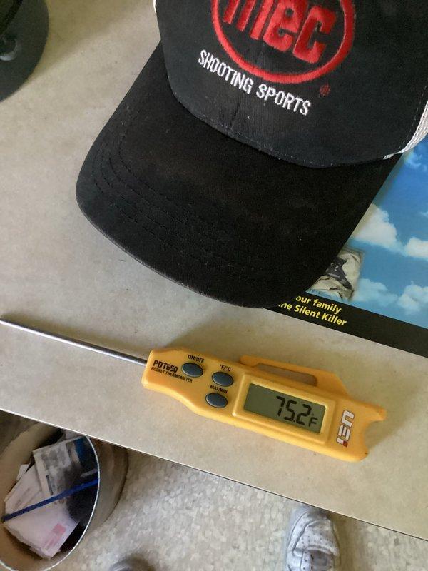 Responded to service call for furnace that would not shut off and was unable to reach setpoint temperature. Upon arrival, performed diagnostic testing using digital thermometer to measure supply air temperature at register, which read 75.2°F, indicating insufficient heat output. Verified system operation and temperature readings to identify cause of continuous run cycle and inadequate heating performance. Documented findings with temperature measurements at both the unit and supply vent locations for service records.