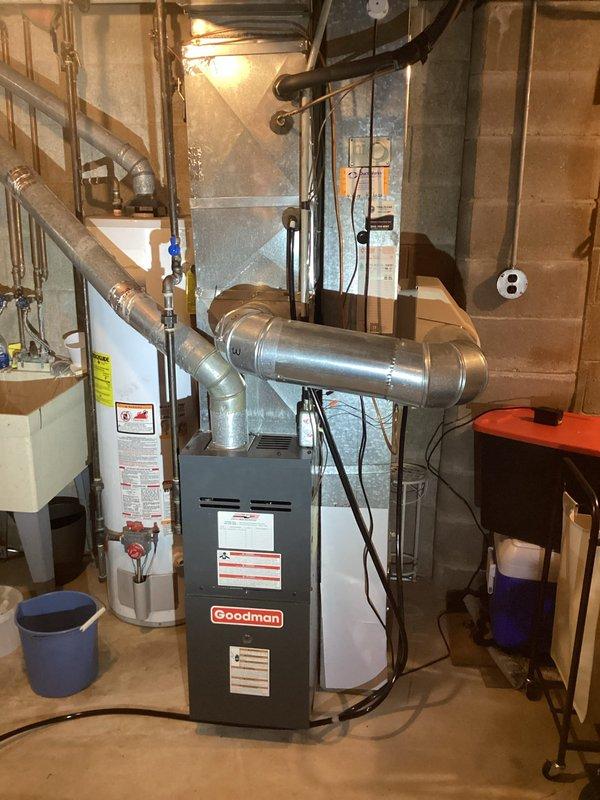 Completed annual heating maintenance and tune-up on a 16-year-old Goodman furnace in preparation for the heating season. Performed comprehensive system inspection, checked all mechanical and electrical components, verified proper operation of safety controls, and inspected ductwork including flexible duct connections for integrity and proper airflow.